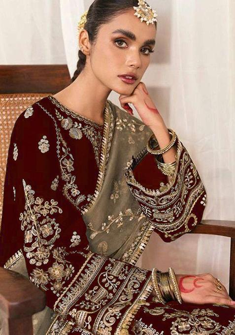 Maroon Embroidered Velvet Kurta with Dupatta Set