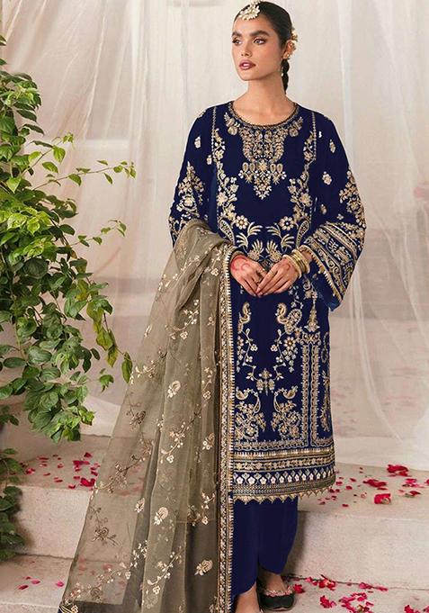 Blue Embroidered Velvet Kurta Set