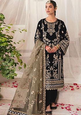 Black Embroidered Velvet Kurta Set