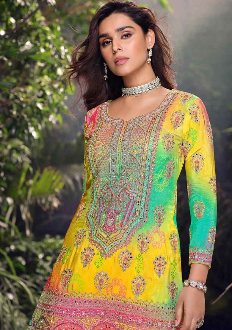 Yellow Bandhani Print Chinon Kurta Set