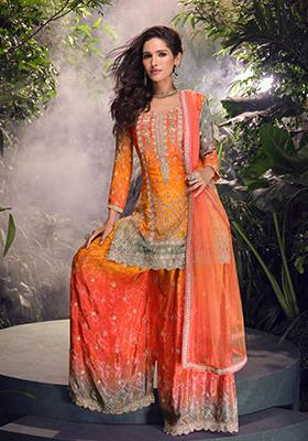 Orange Bandhani Print Chinon Kurta Set