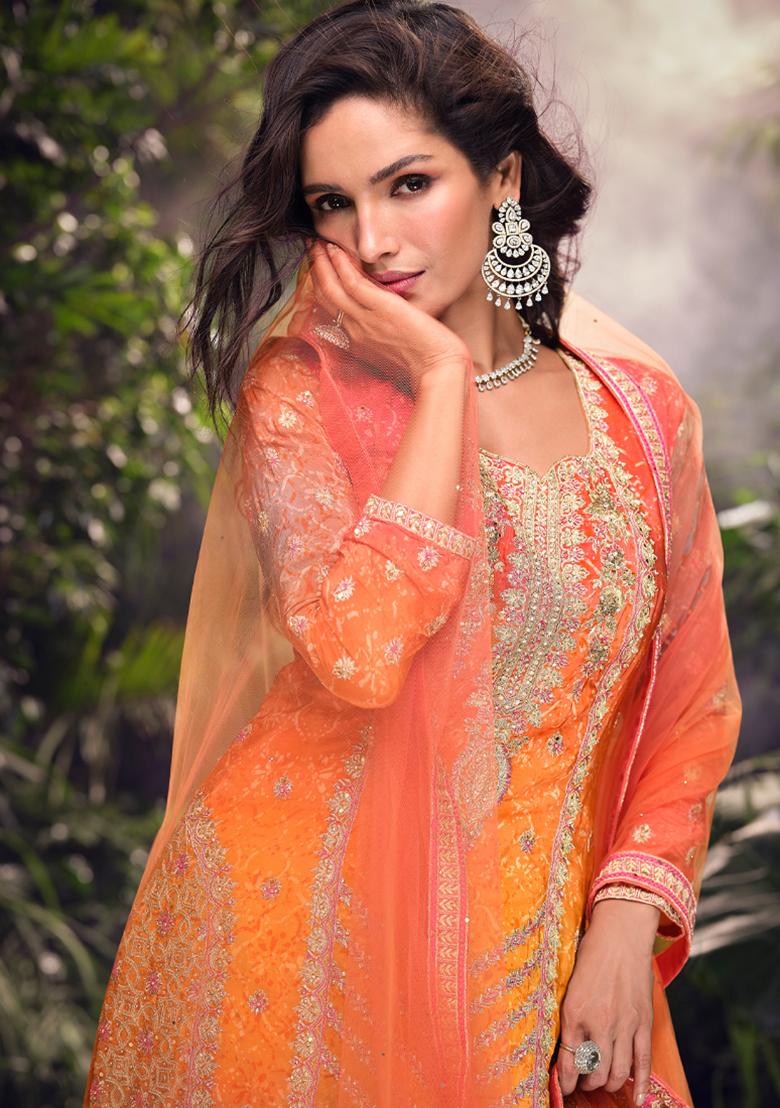 Orange Bandhani Print Chinon Kurta Set