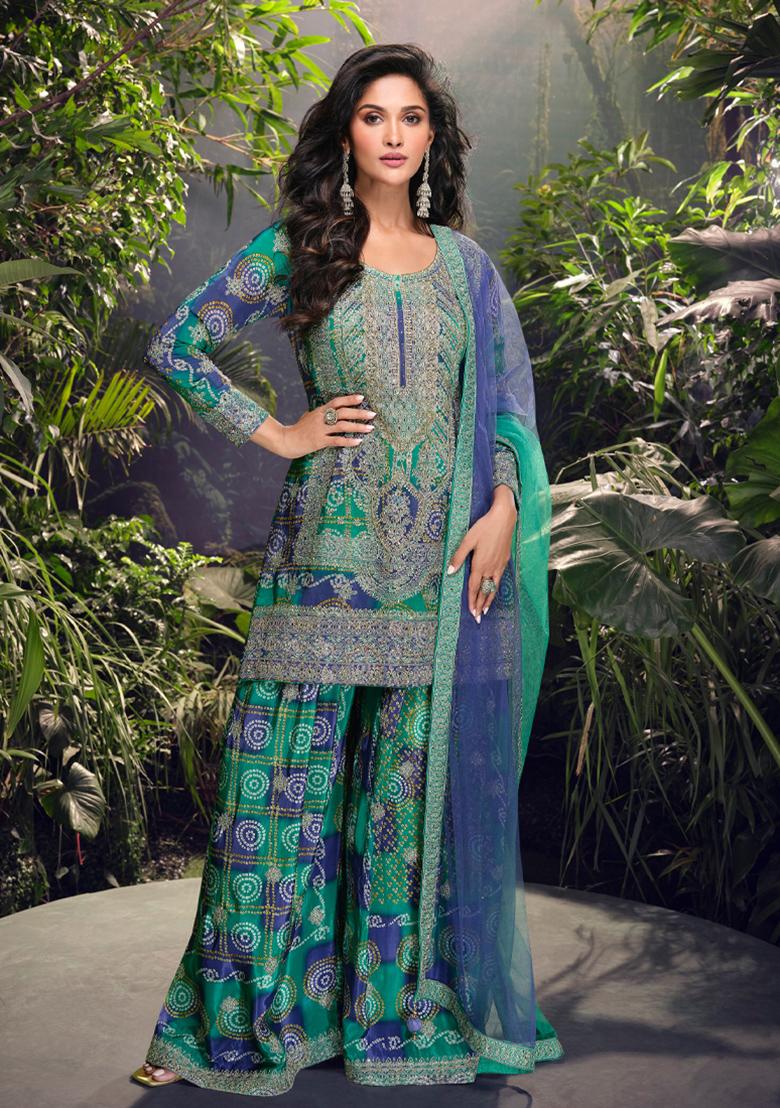 Blue Bandhani Print Chinon Kurta Set