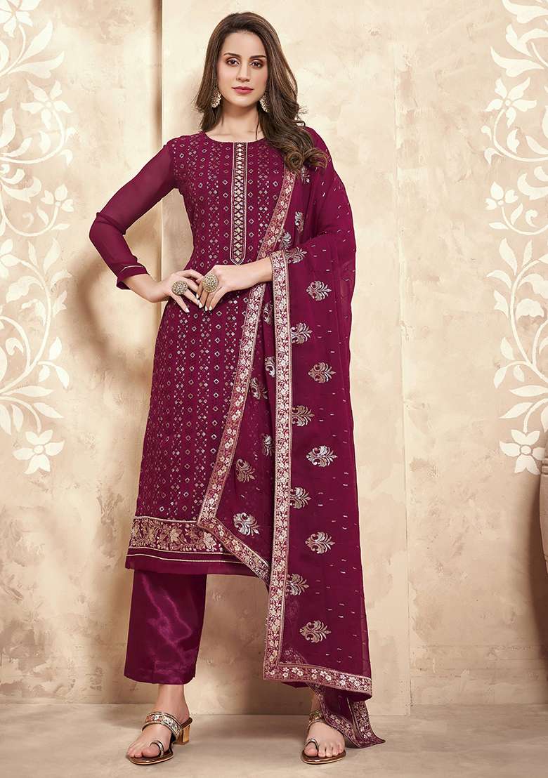 Pink Embroidered Georgette Pakistani Suit Set - Indya