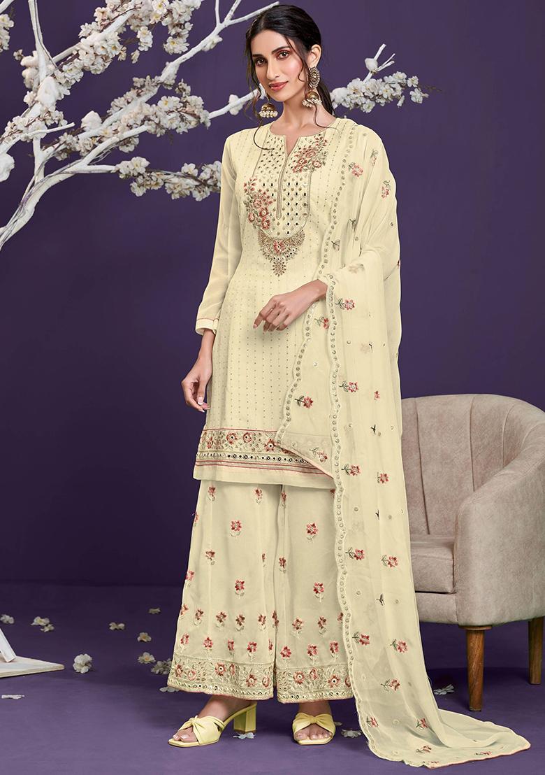 Yellow Mirror Work Georgette Kurta Set