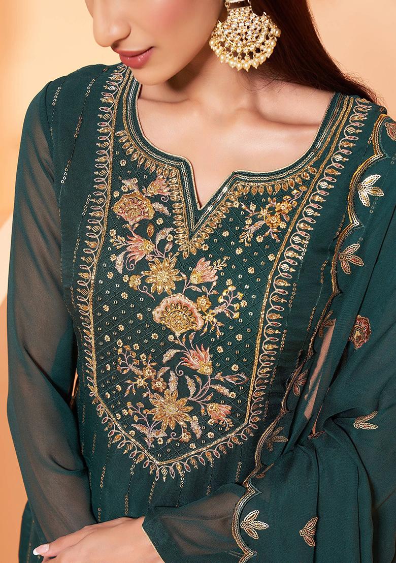 Green Sequin Embroidered Georgette Kurta Set