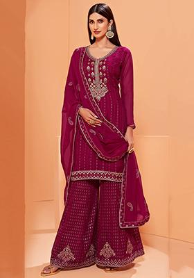 Maroon Sequin Embroidered Georgette Kurta Set