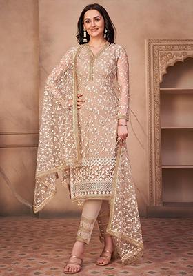 Beige Embroidered Net Kurta Set