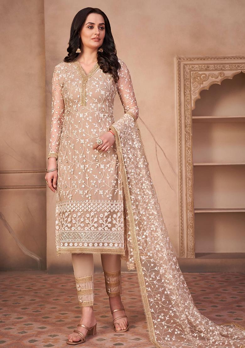 Beige Embroidered Net Kurta Set