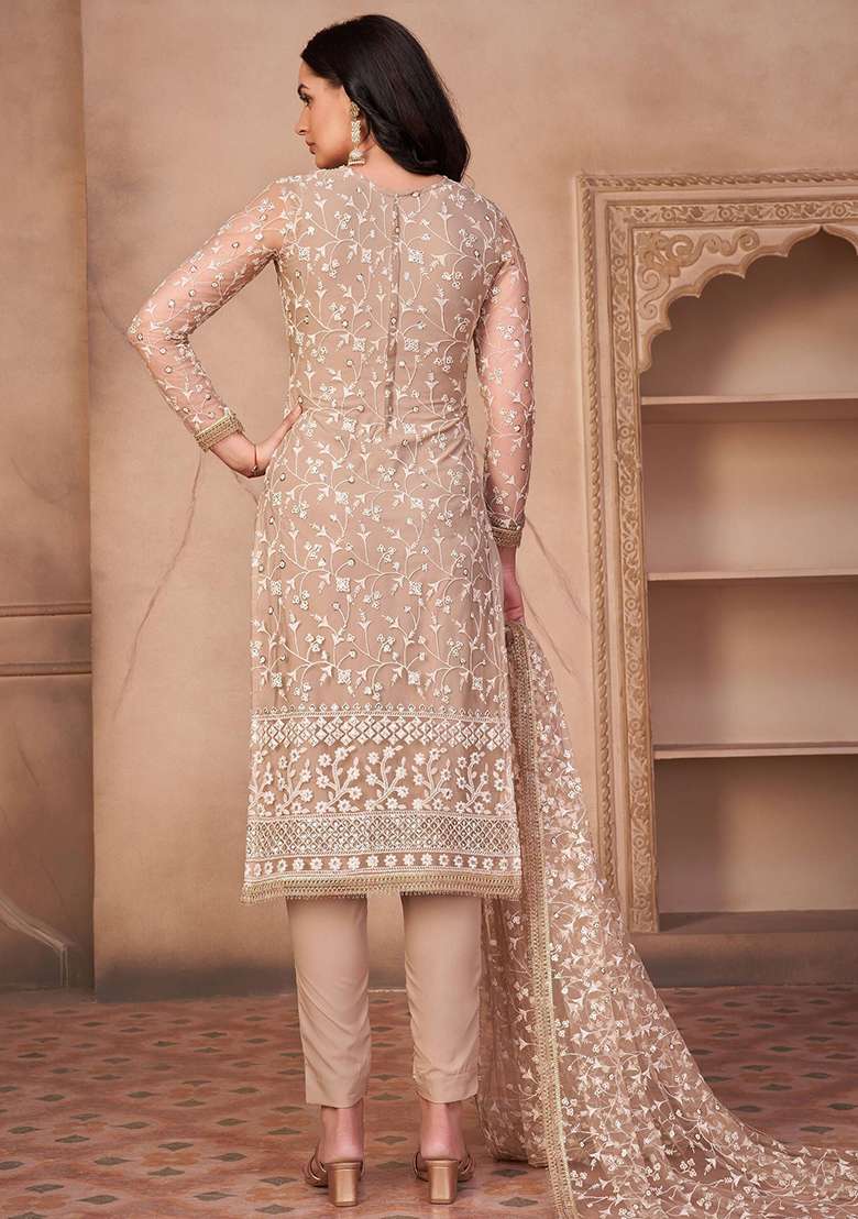 Beige Embroidered Net Kurta Set - Indya
