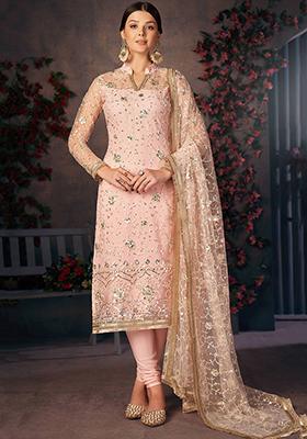 Peach Embroidered Poly Blend Kurta Set