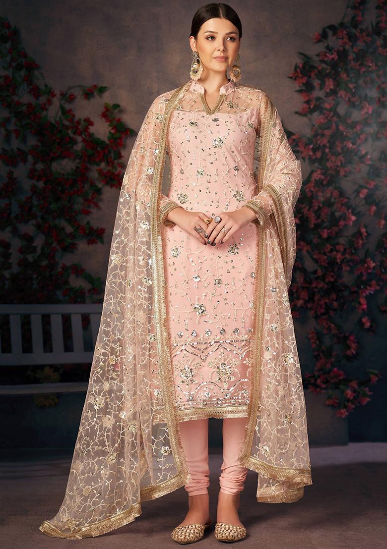 Peach Embroidered Poly Blend Kurta Set