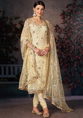 Yellow Embroidered Poly Blend Kurta Set