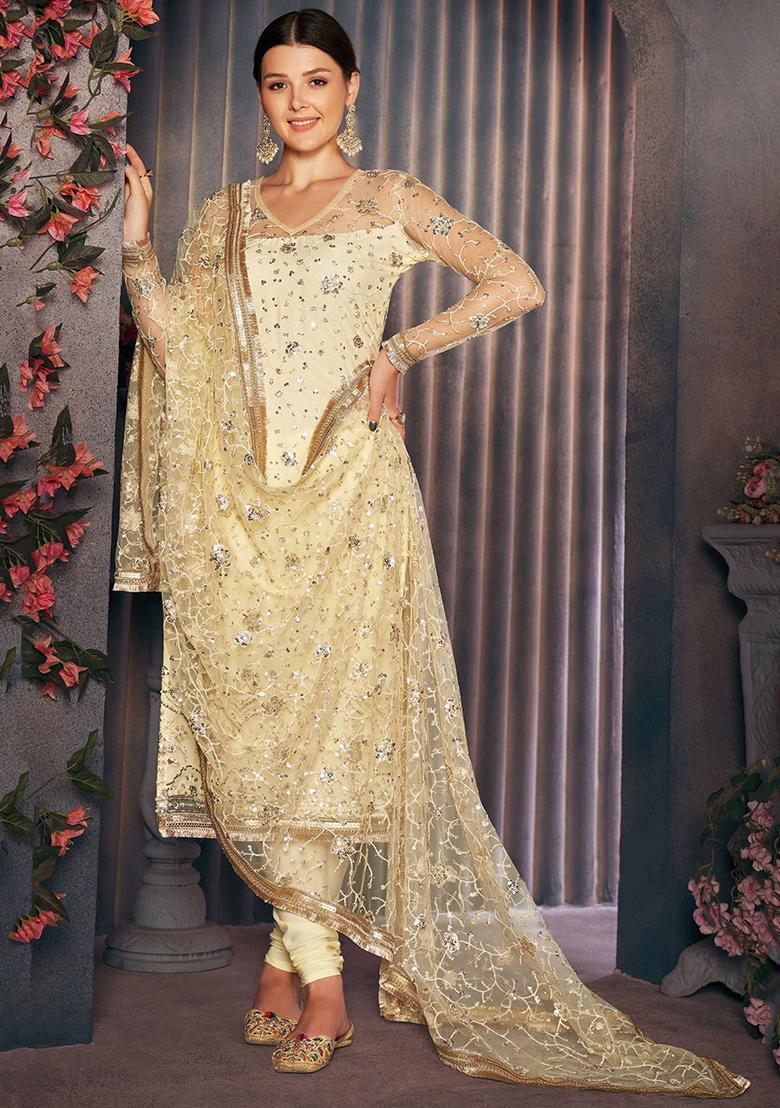 Yellow Embroidered Poly Blend Kurta Set