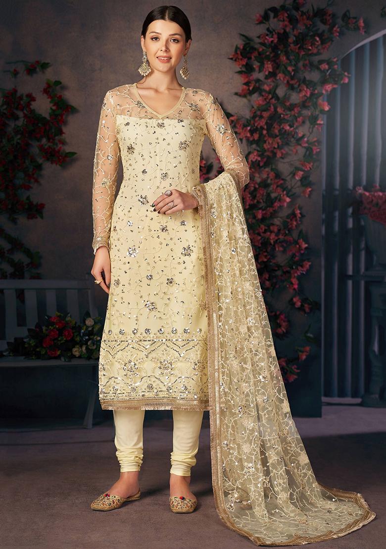 Yellow Embroidered Poly Blend Kurta Set