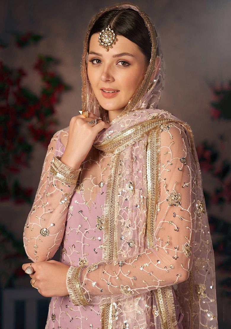 Lavender Embroidered Poly Blend Kurta Set