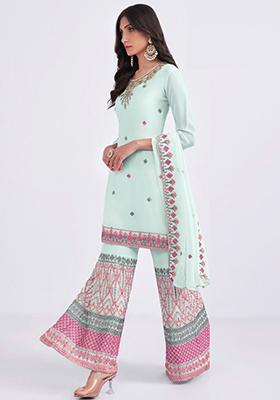 Sky Blue Embroidered Georgette Kurta Set