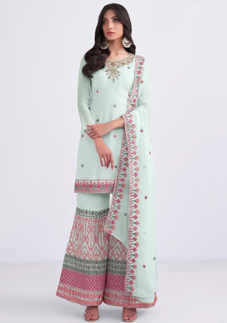 Sky Blue Embroidered Georgette Kurta Set