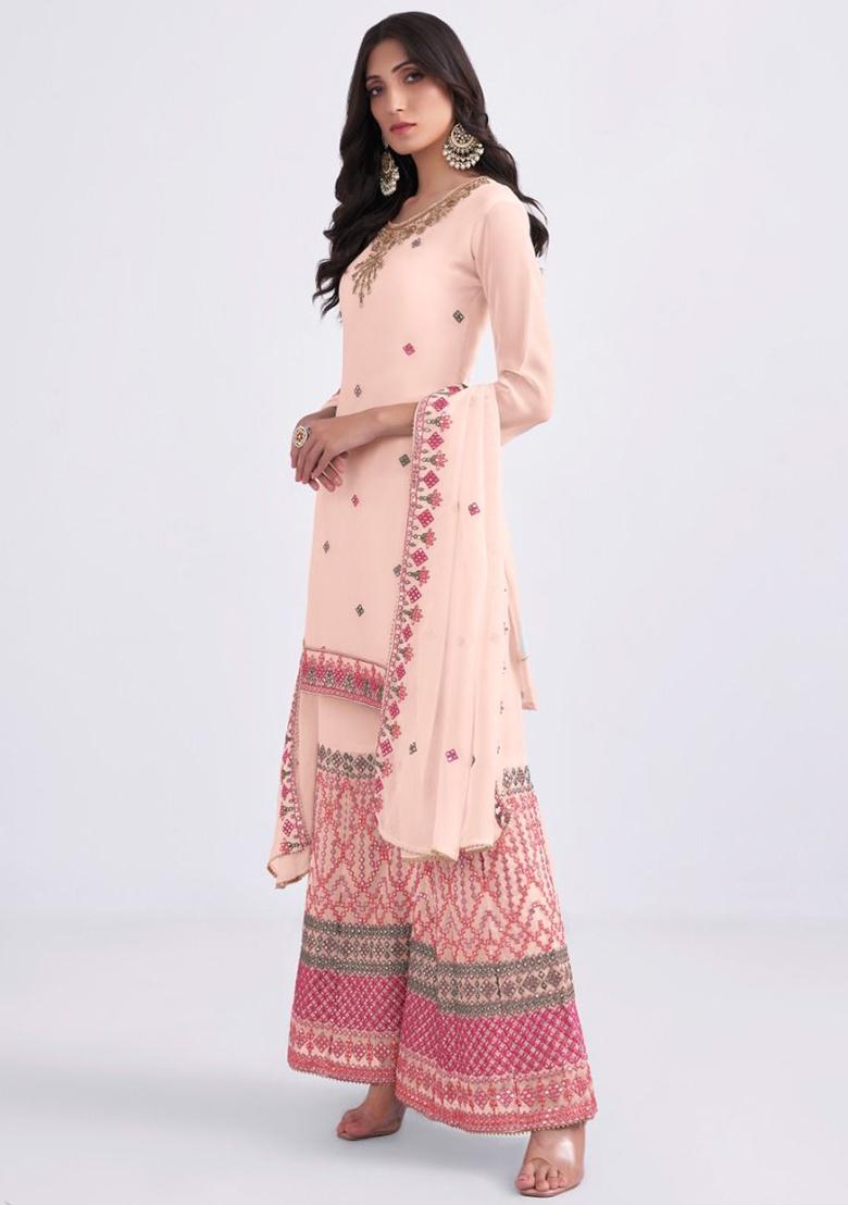 Peach Embroidered Georgette Kurta Set