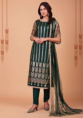 Green Embroidered Net Kurta Set
