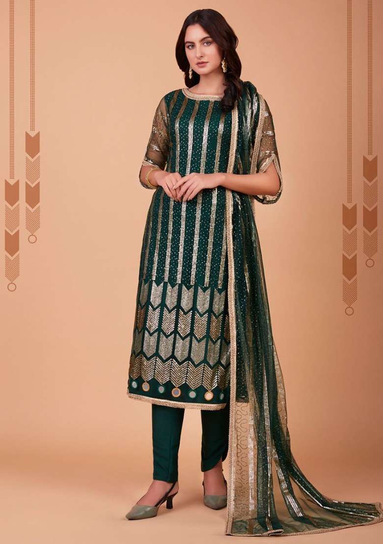 Green Sequin Work Net Straight Kurta Set - Indya