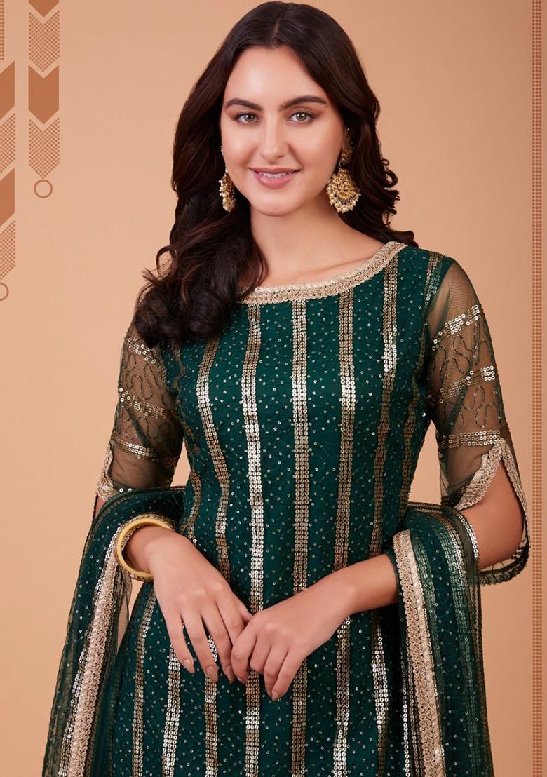 Green Embroidered Net Kurta Set