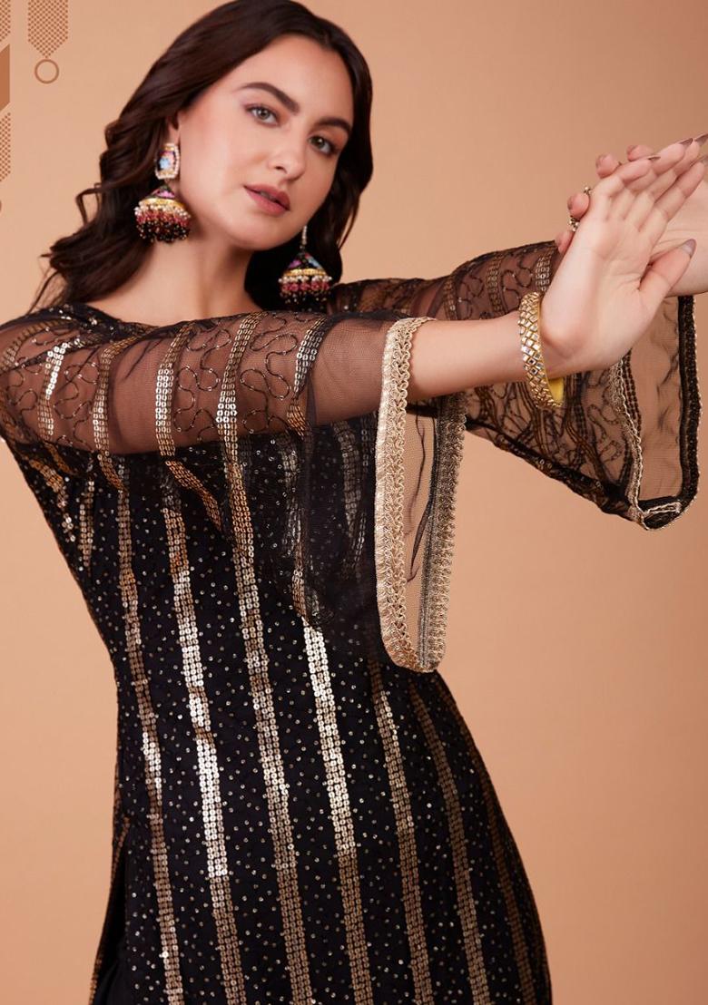 Black Embroidered Net Kurta Set