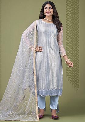 Sky Blue Embroidered Net Kurta Set