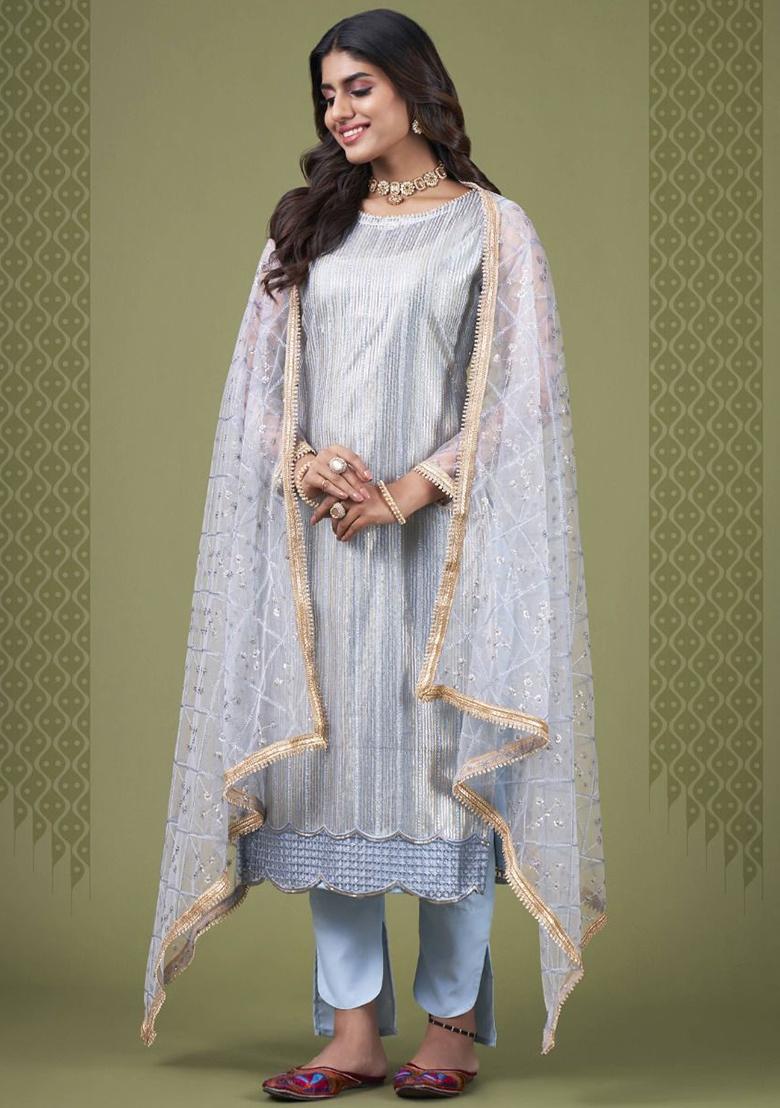 Sky Blue Embroidered Net Kurta Set