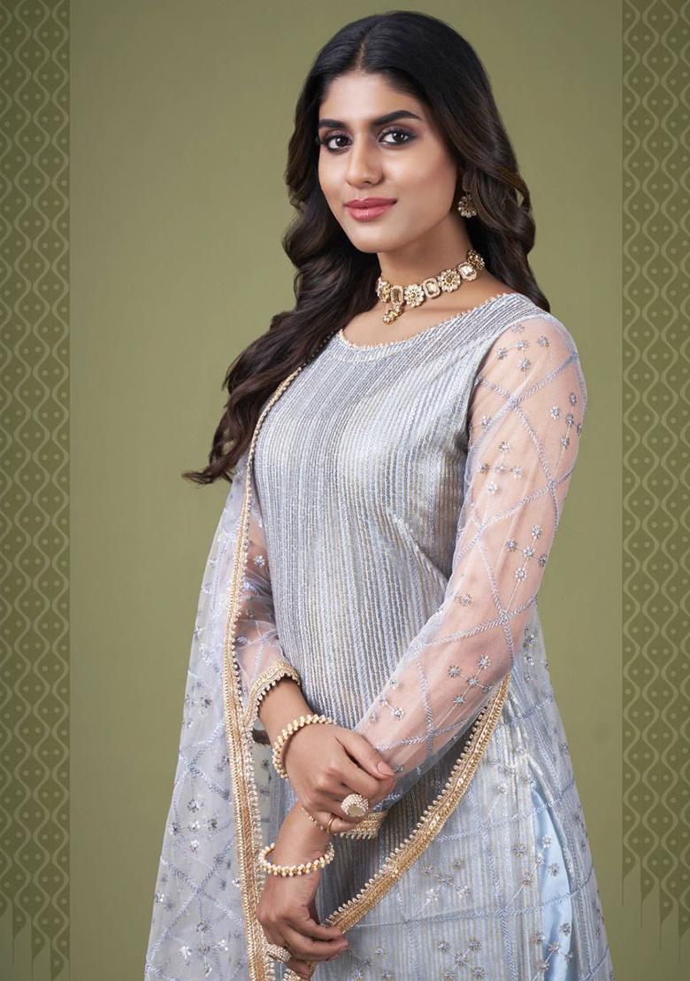 Sky Blue Embroidered Net Kurta Set