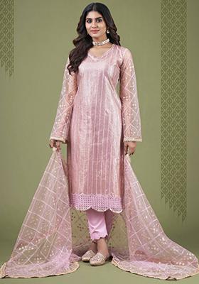 Pink Embroidered Net Kurta Set