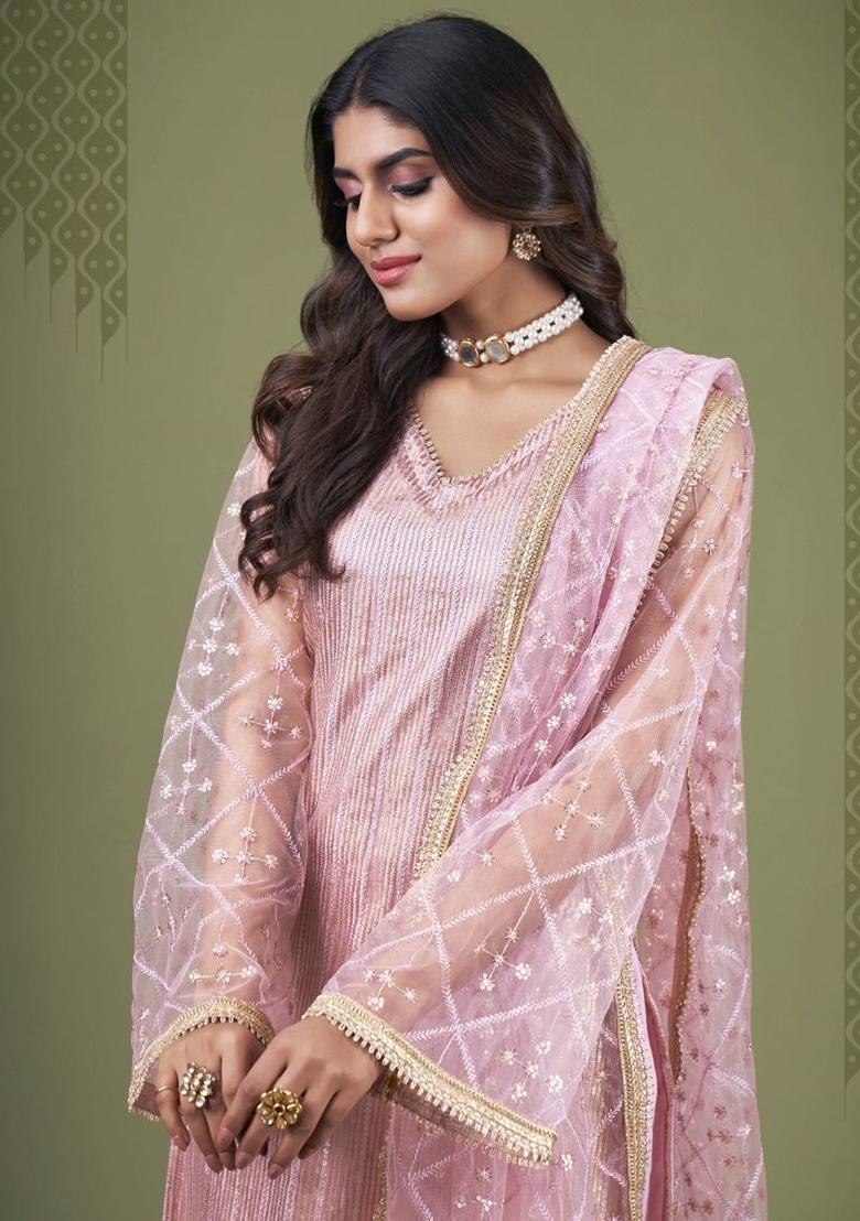 Pink Embroidered Net Kurta Set