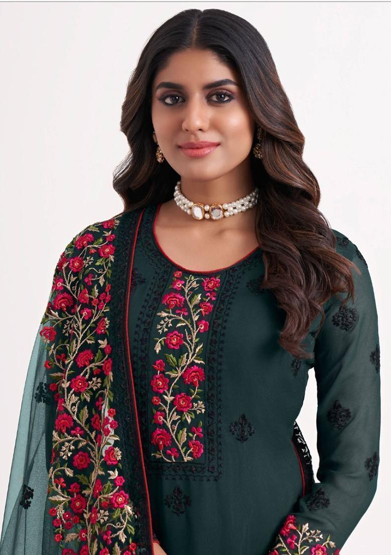 Green Floral Print Georgette Kurta Set
