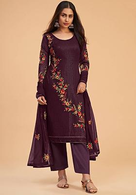 Purple Sequin Embroidered Georgette Kurta Set