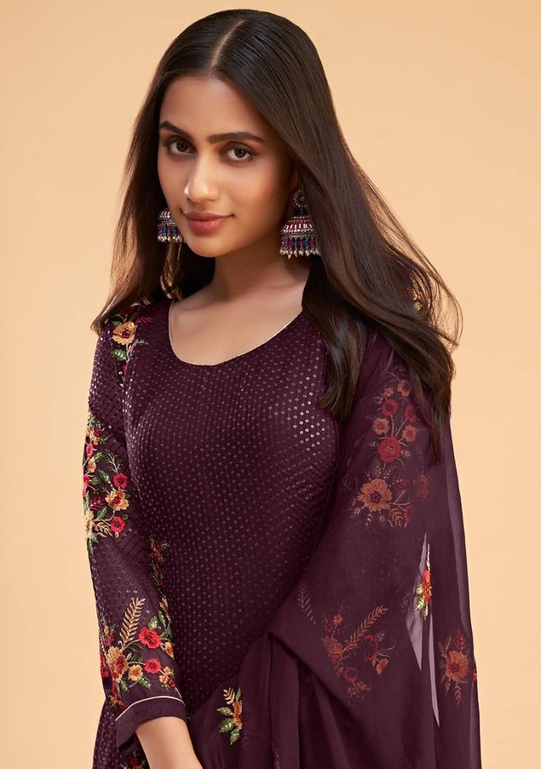 Purple Sequin Embroidered Georgette Kurta Set