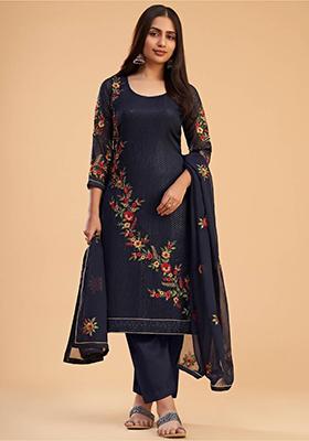 Navy Blue Floral Print Georgette Kurta Set