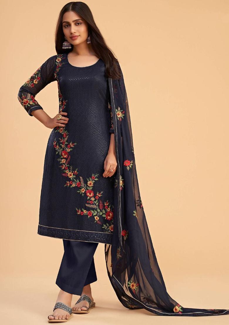 Navy Blue Floral Print Georgette Kurta Set