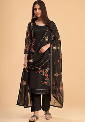 Black Floral Print Georgette Kurta Set