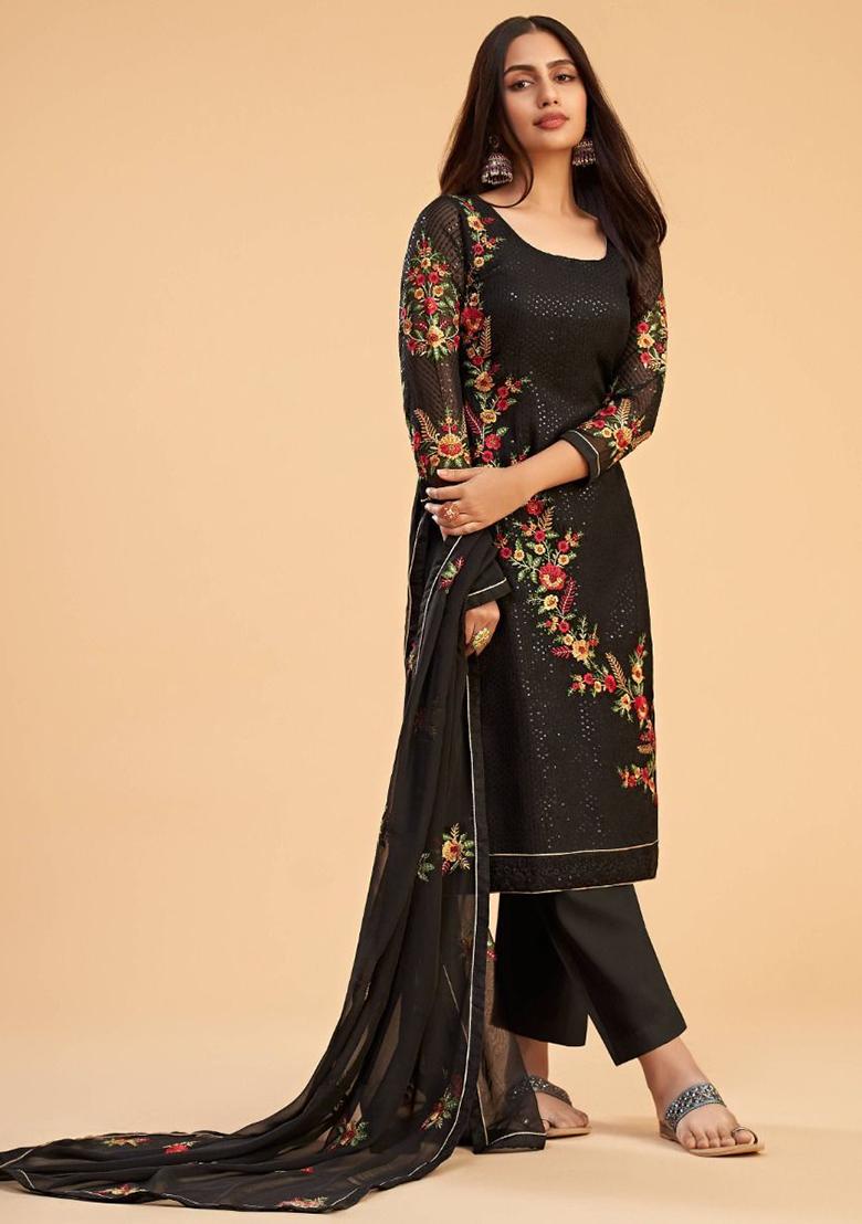 Black Floral Print Georgette Kurta Set