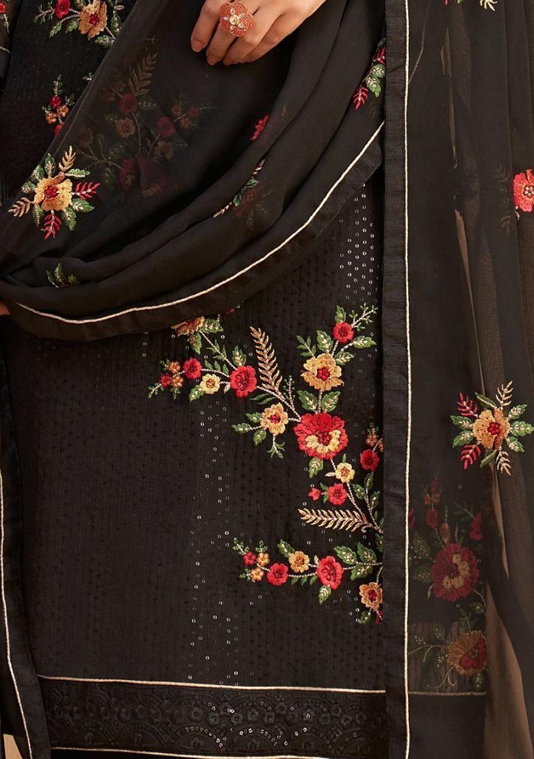 Black Floral Print Georgette Kurta Set