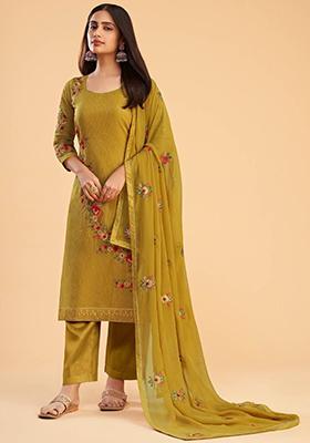 Yellow Floral Print Georgette Kurta Set