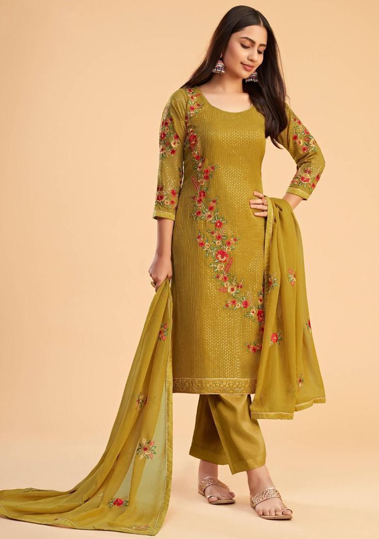 Yellow Floral Print Georgette Kurta Set