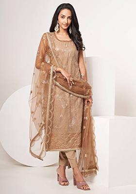 Brown Sequin Embroidered Net Kurta Set