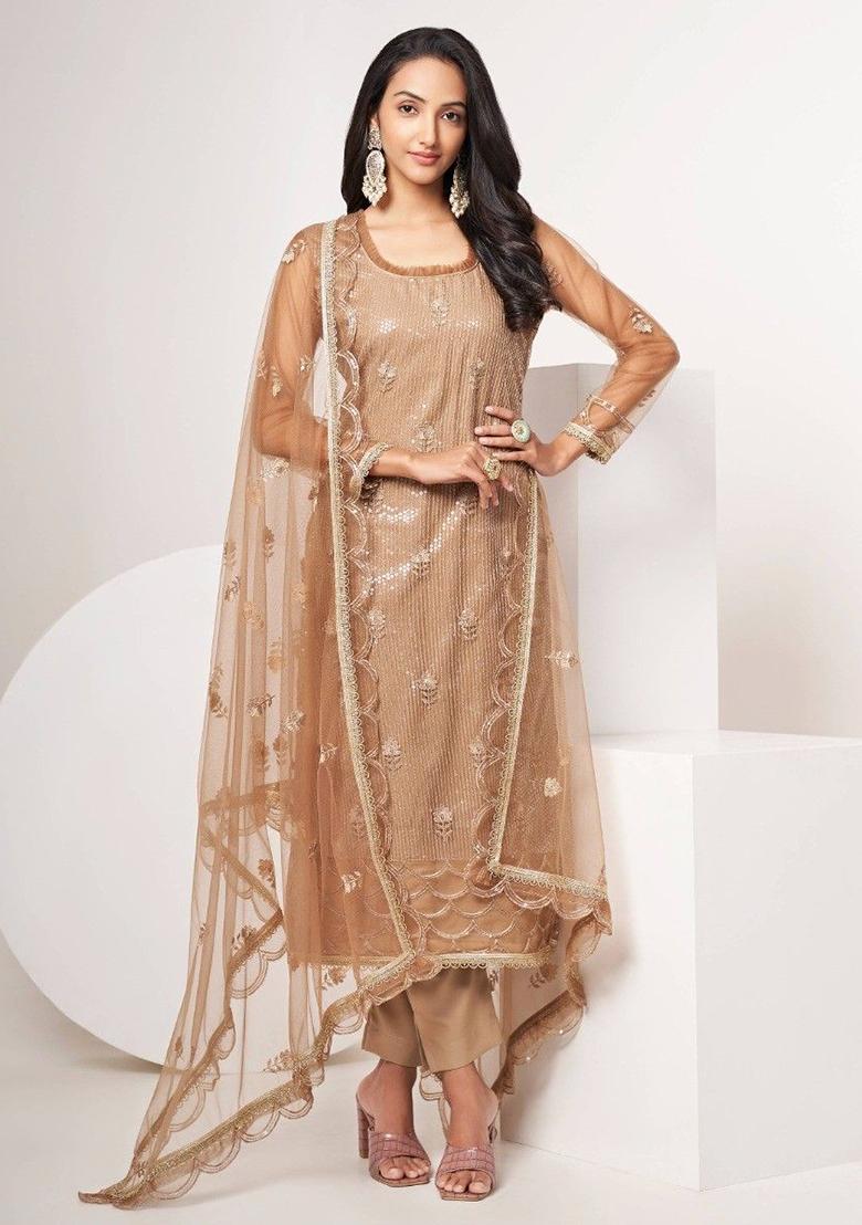 Brown Sequin Embroidered Net Kurta Set