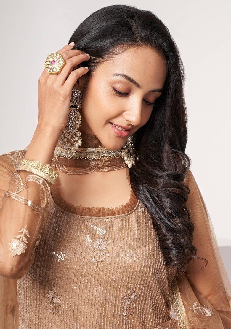 Brown Sequin Embroidered Net Kurta Set