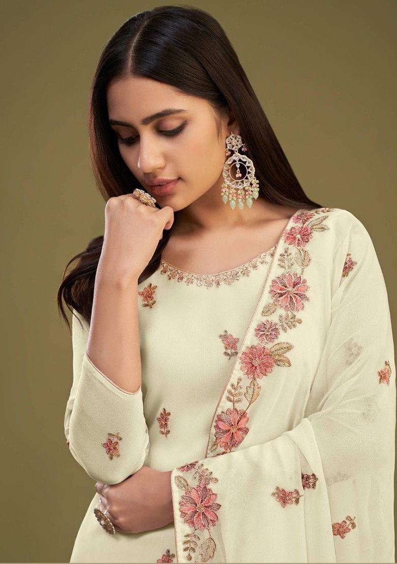 Yellow Embroidered Georgette Kurta Set