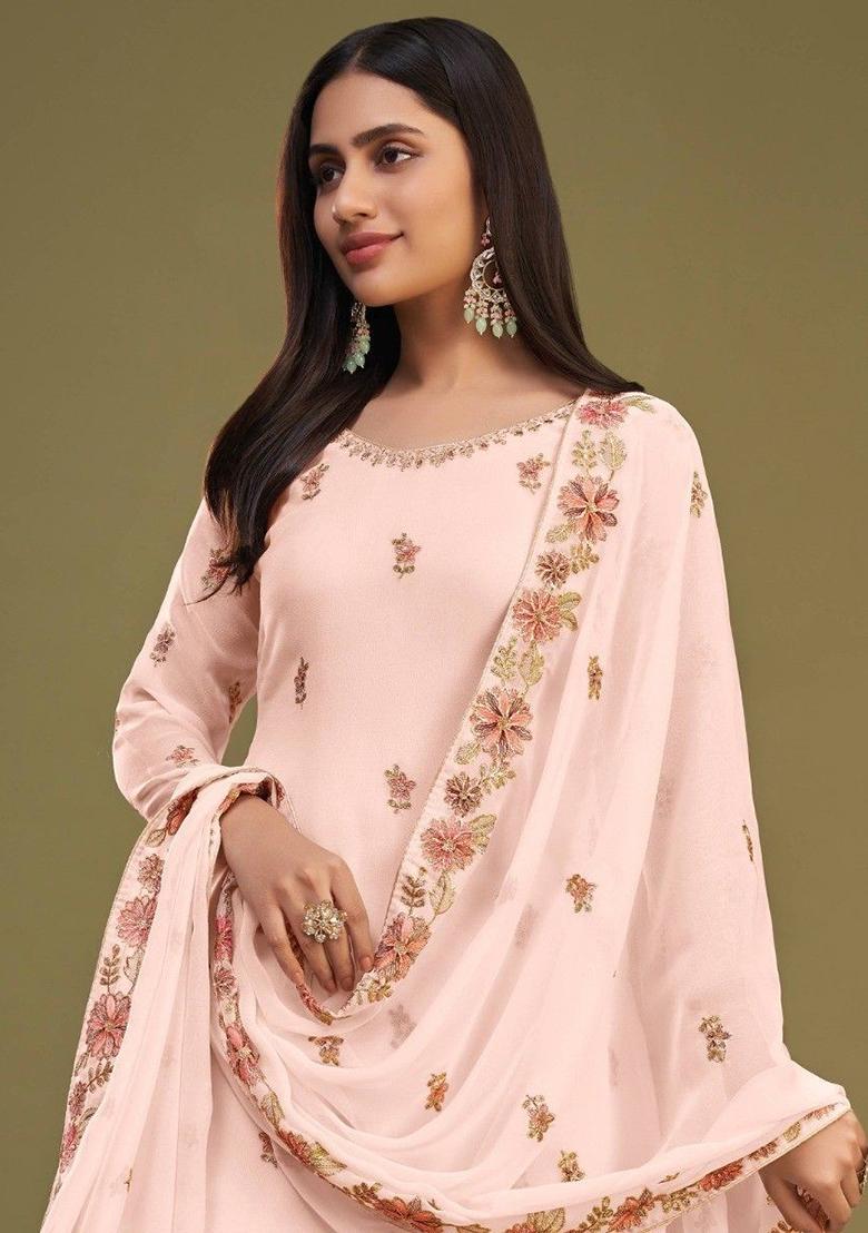 Peach Embroidered Georgette Kurta Set