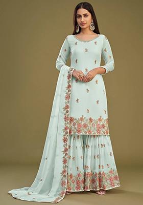 Sky Blue Embroidered Georgette Kurta Set