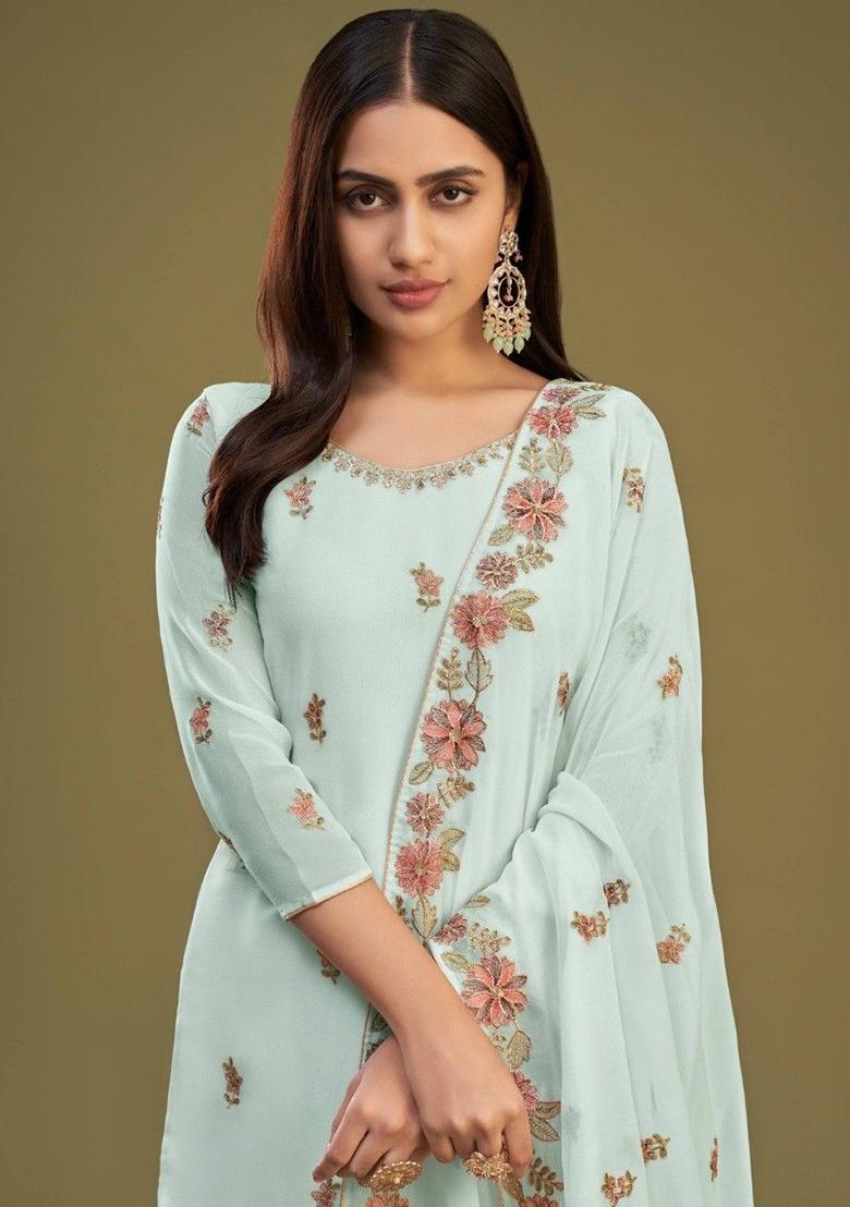 Sky Blue Embroidered Georgette Kurta Set