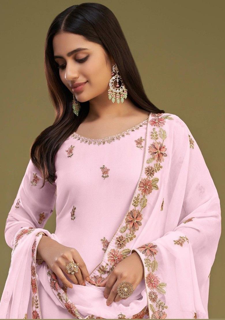 Pink Embroidered Georgette Kurta Set